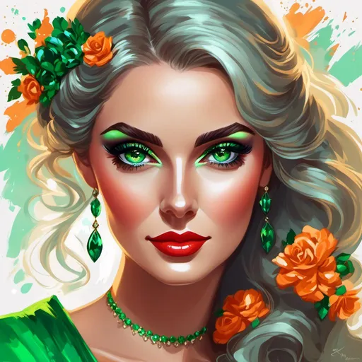 Prompt: <mymodel>Detailed illustration of a woman in vibrant green attire, large vivid green eyes, elegant makeup, digital painting, high resolution, realistic style, vibrant green, professional lighting