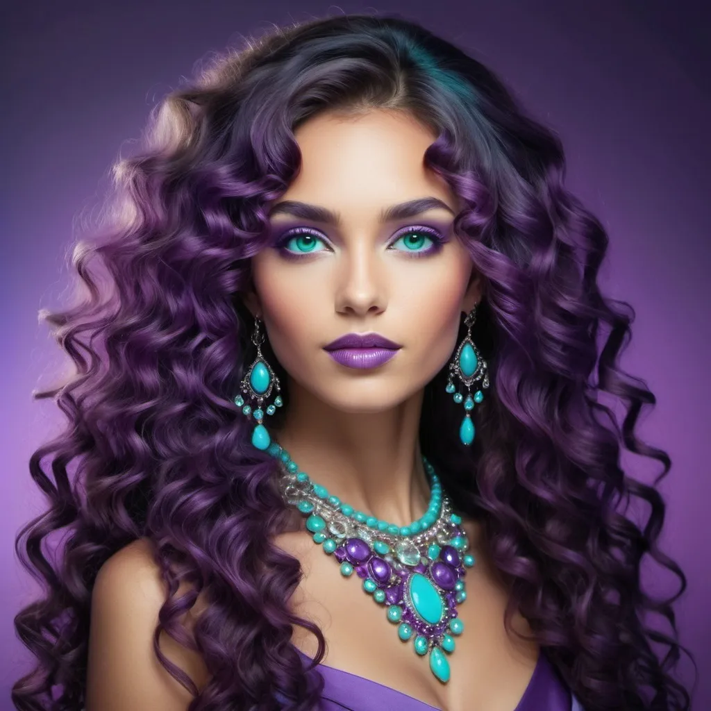 Prompt: An extremely gorgeous woman,  with turquoise jewels, in color scheme of purple, long curly hair