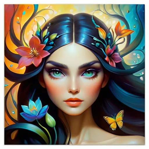 Prompt: Beautiful  hybrid woman with flowers sprouting from her, oil painting, ethereal glow, dark and mysterious, high quality, vibrant colors, surreal, haunting, intricate floral details, intense gaze, mystical atmosphere, oil painting,  ethereal, vibrant colors, surreal, haunting, floral details, intense gaze, mystical atmosphere