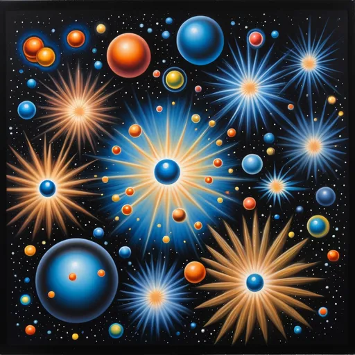 Prompt: a painting of a bunch of balls and stars in the sky with a black background and a blue center, David A Hardy, psychedelic art, intricate oil painting, an airbrush painting