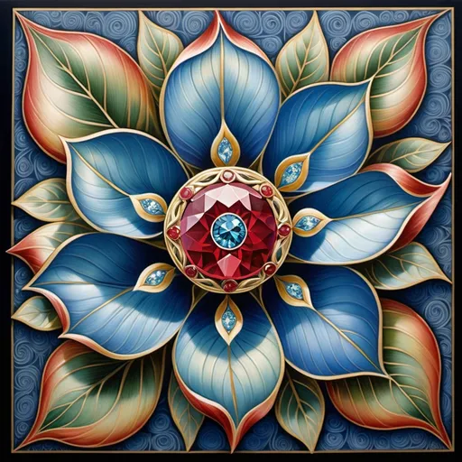 Prompt: a painting of a flower with leaves and a ruby stone in the center of the flower is a blue diamond, Amanda Sage, cloisonnism, in gouache detailed paintings, an airbrush painting