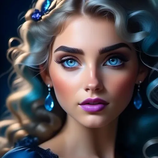 Prompt: <mymodel>Beautiful ethereal woman, long blonde hair,and icy blue eyes color, purple lipstick, facial closeup