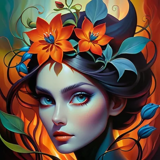 Prompt: Beautiful  hybrid woman with flowers sprouting from her, oil painting, ethereal glow, dark and mysterious, high quality, vibrant colors, surreal, haunting, intricate floral details, intense gaze, mystical atmosphere, oil painting, demon, hybrid, fiery eyes, ethereal, vibrant colors, surreal, haunting, floral details, intense gaze, mystical atmosphere