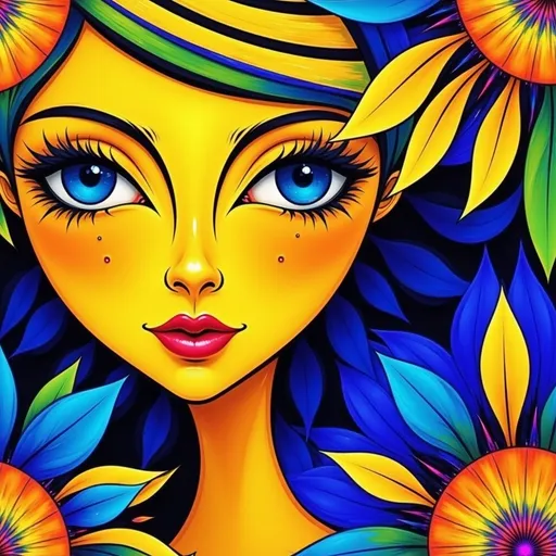 Prompt: a painting of a woman with blue eyes and yellow hair and flowers in her hair and a blue background, Elizabeth Murray, fauvism, saturated colors, a pop art painting