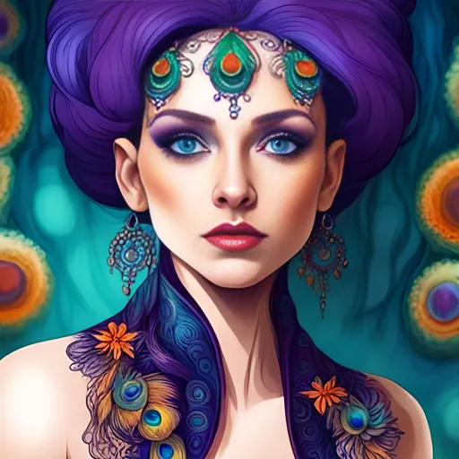 Prompt: dynamic composition of a pale skinned woman with hair of flowers and peacock plummage  of aqua, orange and purplepurple, ornate details,lacey clothes, facial closeup