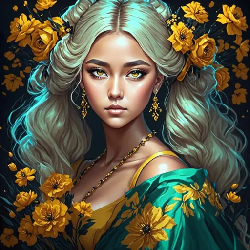 Prompt: <mymodel>High-resolution digital painting of a graceful woman, vibrant yellow flower field, realistic and detailed floral elements, soft and warm sunlight, flowing elegant dress, detailed facial features with a gentle expression, professional digital painting, realistic, detailed flowers, graceful posture, warm and soft lighting, best quality, highres, ultra-detailed, digital painting, realistic, warm tones, elegant