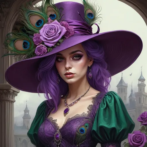 Prompt: a woman with purple hair and a purple dress  and hat adorned with roses and peacock feathers, Edwin Georgi, gothic art, highly detailed digital painting, a detailed painting