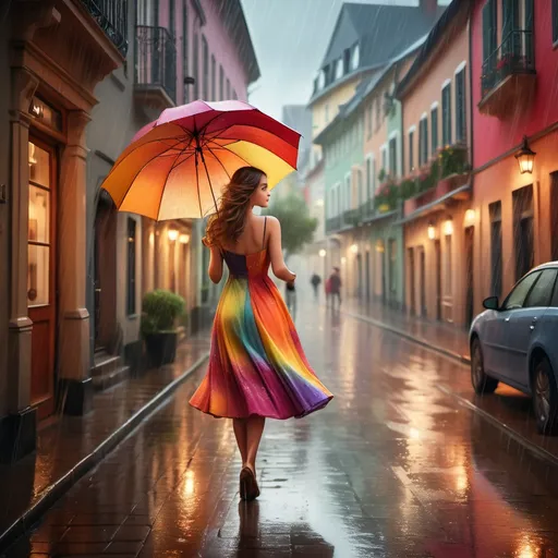 Prompt: elegant lady in a colorful dress, walking down a charming street, holding a vibrant umbrella, soft rain falling, wet pavement reflecting light, warm ambient glow, cozy atmosphere, wind tousling her hair, whimsical elegance, rich hues of the dress, ultra-detailed, high-resolution, cinematic lighting, romantic mood, enchanting backdrop of quaint buildings.