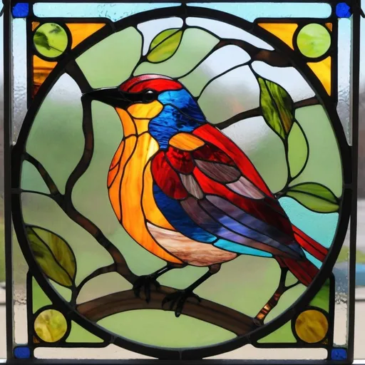 Prompt: A stained glass panel of a  bird, vibrant colors