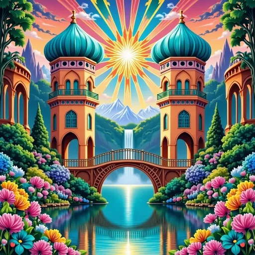 Prompt: Bathed in vibrant colors, a majestic landscape unfolds where two ornate towers, adorned with turquoise domes, stand sentinel beside a serene river that mirrors their beauty. In this enchanting scene, cascading waterfalls tumble down the lush green mountains in the background, while a radiant sun rises, casting golden rays that illuminate the entire vista. A graceful bridge arches over the placid water, inviting exploration of the vivid flora that bursts into bloom along its banks, creating a harmonious blend of nature and fantasy. The entire composition radiates a sense of tranquility and wonder, evoking a dreamy realm where magic and nature intertwine beautifully.