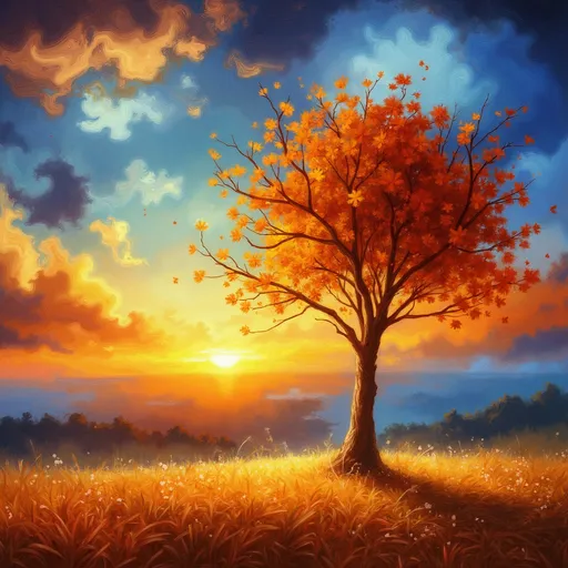 Prompt:  an autumn tree standing under a sunset.  Cyril Rolando, fantasy art, highly detailed digital painting, a detailed painting