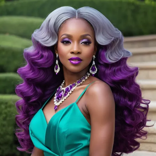 Prompt: a black lady in purple high class attire, facial closeup