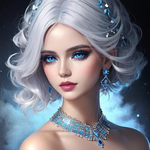 Prompt: A beautiful woman, white hair, blue eyes, blue eyeshadow, blue jewels o