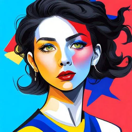 Prompt: A woman all in primary colors, pretty makeup