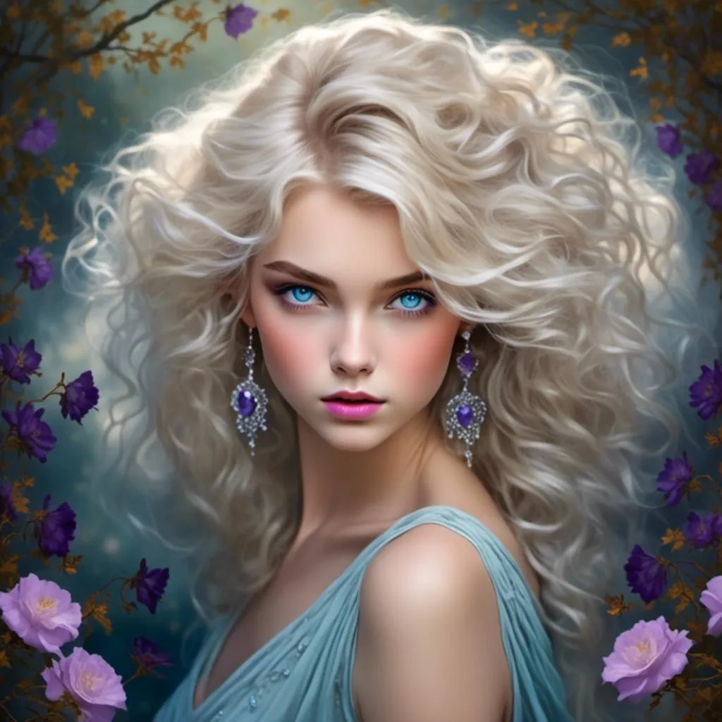 Prompt: <mymodel>Beautiful ethereal woman, long blonde hair,and icy blue eyes color, purple lipstick, facial closeup