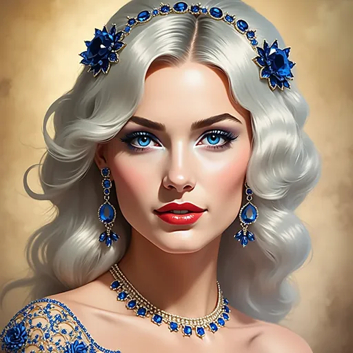 Prompt: A woman dressed in a blue dress, blue eyes, sapphire jewelry, long flowing hair