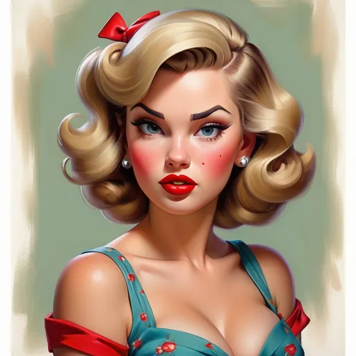 Prompt: Pin-up portrait, classic oil painting, vibrant and retro colors, vintage hairstyle, red lipstick, detailed facial features, traditional art technique, high quality, classic, vibrant colors, traditional style, detailed brushwork, professional lighting
