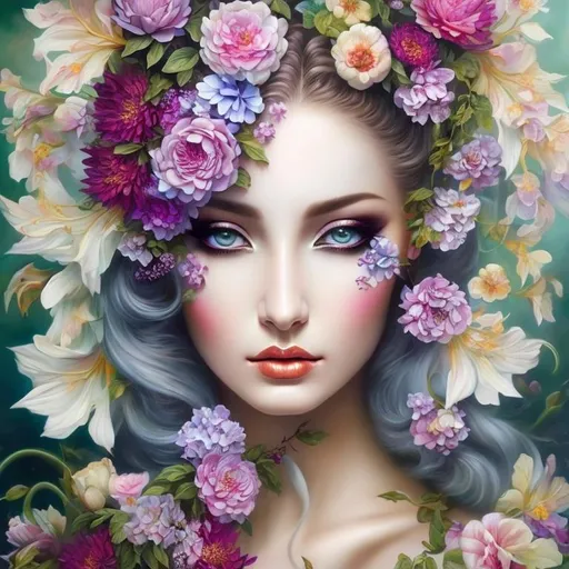 Prompt: Beautiful  hybrid woman with flowers sprouting from her, oil painting, detailed fiery eyes, ethereal glow, dark and mysterious, high quality, vibrant colors, surreal, haunting, intricate floral details, intense gaze, mystical atmosphere, oil painting, demon, hybrid, fiery eyes, ethereal, vibrant colors, surreal, haunting, floral details, intense gaze, mystical atmosphere