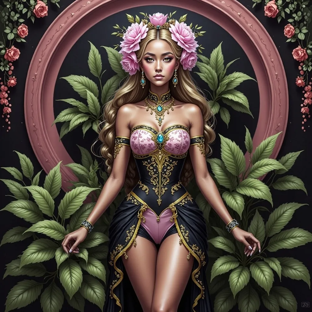 Prompt: a woman with long blonde hair wearing a yellow dress and a flower crown on her head, with a flower in her hair, turquoise jewelry, Artgerm, fantasy art, highly detailed digital painting, a detailed drawing