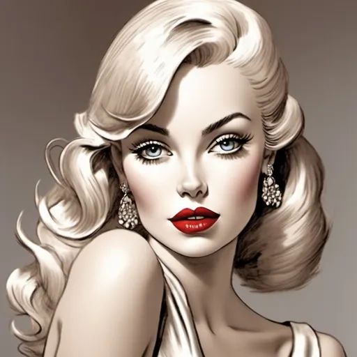 Prompt: Radiating glamour, a striking figure with flowing, platinum blonde hair elegantly cascades over her shoulders, drawing the eye to her vividly captivating blue eyes that pop against her porcelain complexion. Her makeup is flawlessly applied, featuring dramatic eyeliner and bold red lips, enhancing her doll-like features and the sophistication of her look. Clad in a sleeveless, golden yellow top that complements her radiant appearance, she stands against a softly blurred background that accentuates her allure. The composition's warm tones and soft lighting create a luxurious atmosphere, evoking a sense of high fashion and timeless beauty. This image captures both an iconic aesthetic and a narrative of confidence, charisma, and classic femininity.