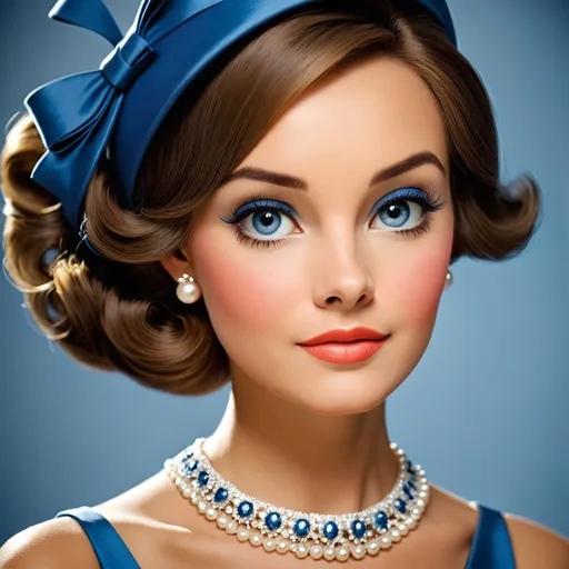 Prompt: A woman in elegant blue dress. circa 1965 attire, facial closeup