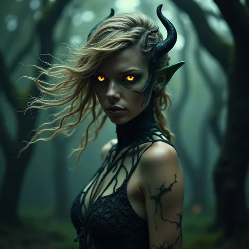 Prompt: Taylor Swift as a monster, fierce and captivating, showcasing an otherworldly presence with glowing eyes and textured, vibrant skin, wild hair flowing in an eerie wind, set against a dark, enchanted forest full of twisted trees, deep shadows, and subtle luminescence, embodying a powerful yet haunting aura, ultra-detailed, high definition.