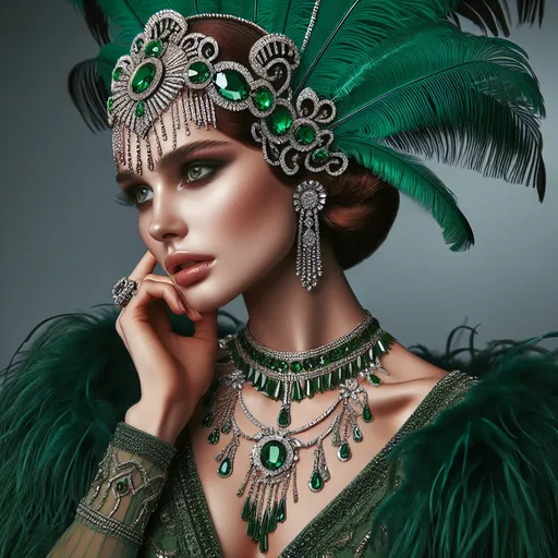 Prompt: a woman wearing a green dress and a green feathered headpiece with jewels and jewels on her neck, Edwin Georgi, art deco, highly detailed digital painting, an art deco painting