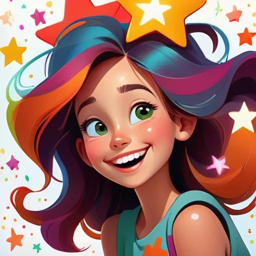 Prompt: Colorful cartoon illustration of a joyful girl with twinkling stars in the background, vibrant and lively colors, playful and cheerful expression, whimsical artistic style, cartoon, colorful, vibrant, joyful, twinkling stars, playful expression, cheerful, whimsical, artistic style