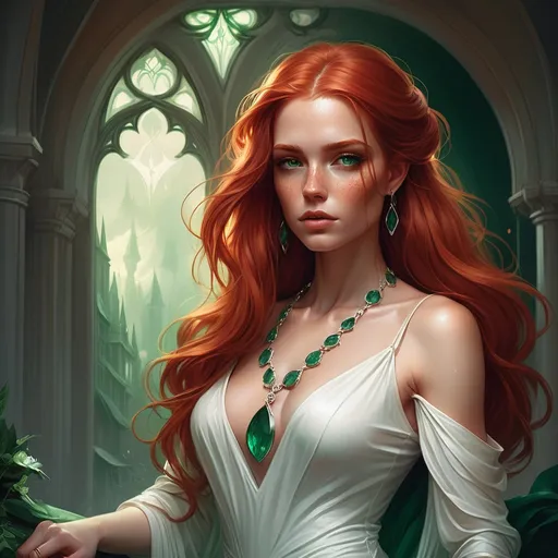 Prompt: a woman  with long red hair in a white dress wearing emerald jewelry, Charlie Bowater, fantasy art, epic fantasy character art, a detailed painting