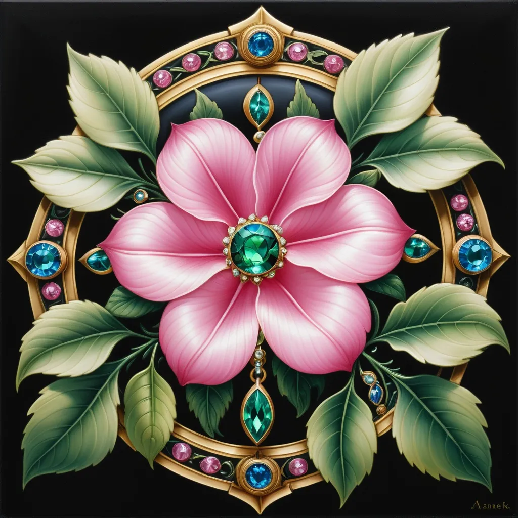 Prompt: a painting of a pink flower with green leaves and jewels on a black background with a gold frame and a blue jewel, Anne Stokes, cloisonnism, highly detailed oil painting, an art deco painting