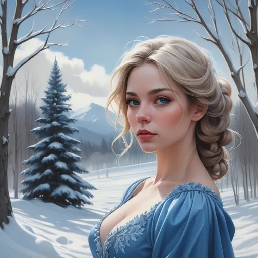 Prompt: a painting of a woman in a blue dress in the snow with trees in the background and a sky in the background, Artgerm, fantasy art, highly detailed digital painting, a photorealistic painting