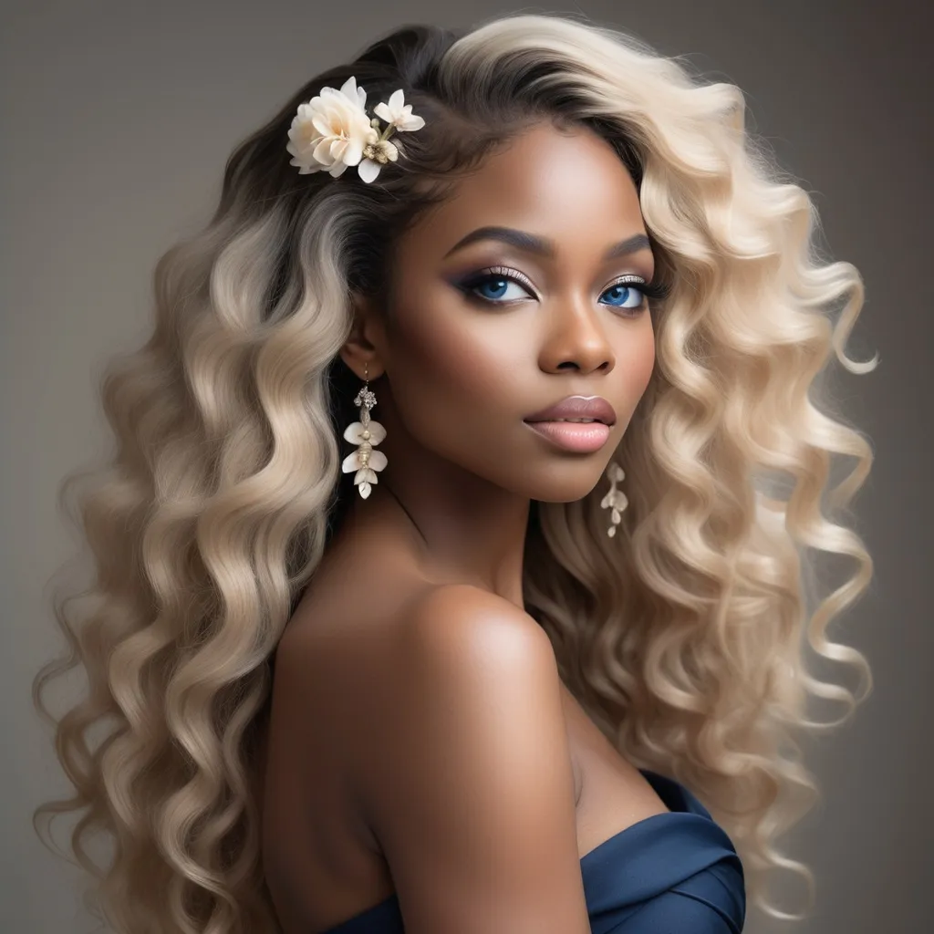 Prompt: Radiating elegance, a stunning  black woman poses gracefully against a soft, muted background, her long, voluminous curls cascading down her shoulders. Her captivating blue eyes draw attention, perfectly accentuated by artfully applied makeup that highlights her features, including a subtle blush and glossy lips. Adorning her hair are delicate flowers, adding a natural touch to her refined look, complemented by sophisticated, dangling earrings. The lighting bathes her in a gentle glow, enhancing the smoothness of her skin and creating a serene, yet striking atmosphere that conveys both femininity and confidence.