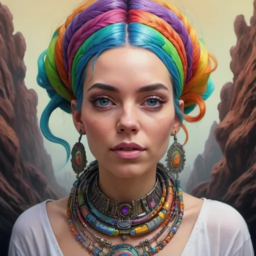 Prompt: a woman with colorful hair and a colorful dress on her head, with a large amount of hair on her head, Android Jones, psychedelic art, highly detailed digital painting, a photorealistic painting