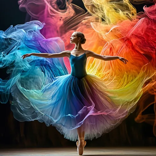 Prompt: A stunning digital artwork depicting a graceful ballerina in mid-pose, captured at the peak of her movement. She wears a magnificent, flowing dress that appears to be made of swirling, colourful smoke or liquid, creating a dynamic and ethereal effect. The dress transitions through a spectrum of vibrant colours, from deep purples and blues to fiery reds, oranges, and yellows, which seem to trail behind her as she dances. Her poised stance and the fluidity of her attire convey a sense of elegance and motion, with the dark background further emphasizing the bright, explosive colours of the dress. The image beautifully captures the essence of ballet combined with a surreal, almost magical atmosphere.