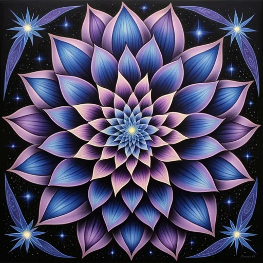 Prompt: a painting of a flower with a blue center and purple petals on it, surrounded by stars and a black background, Amanda Sage, psychedelic art, sacred geometry, a detailed painting