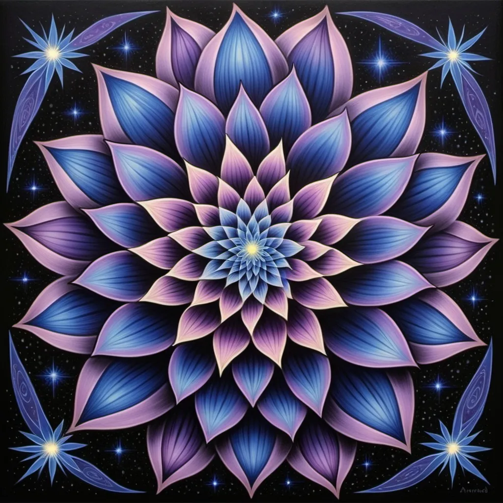 Prompt: a painting of a flower with a blue center and purple petals on it, surrounded by stars and a black background, Amanda Sage, psychedelic art, sacred geometry, a detailed painting