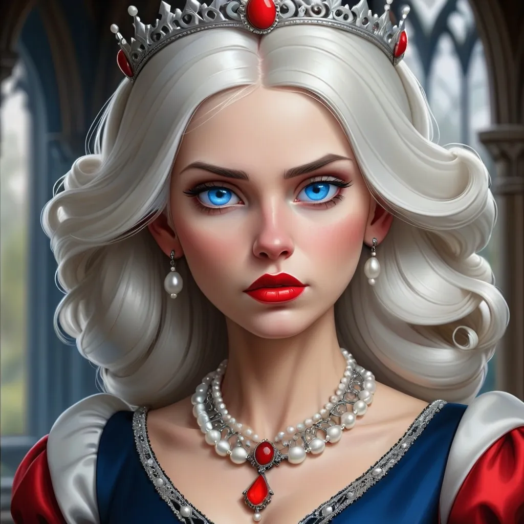 Prompt: a woman with  white hair, blue eyes, red lips, a tiara and pearls on her head and a red lip and a blue dress with a red and white collar, Anne Stokes, gothic art, highly detailed digital painting, a detailed painting