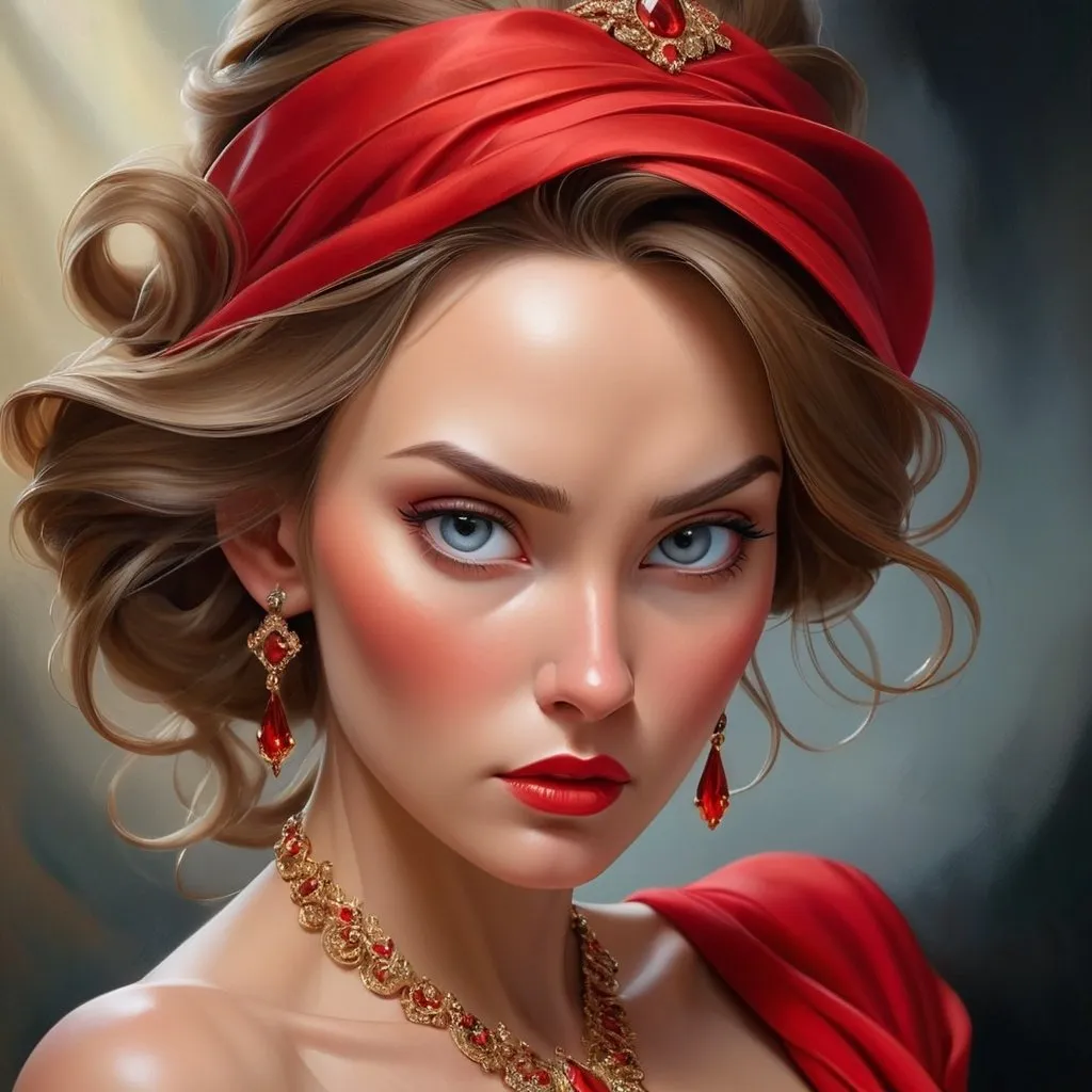 Prompt: <mymodel>Realistic oil painting of a powerful and elegant woman, flowing red gown, intricate jewelry, captivating gaze, detailed facial features, high quality, realistic, oil painting, elegant, flowing gown, powerful, captivating gaze, detailed facial features, intricate jewelry, professional lighting