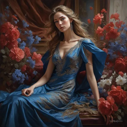 Prompt: <mymodel>woman in blue dress surrounded by flowers, beautiful and elegant, detailed dress and face,beautiful fantasy portrait, very beautiful fantasy art, detailed realistic beautiful, stunning detailed painting, beautiful fantasy art, beautiful detailed elegant, elegant photorealistic, detailed beautiful portrait, detailed soft painting 