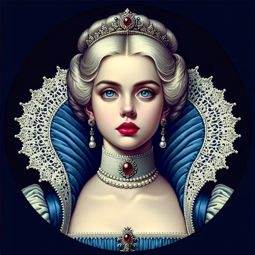 Prompt: a woman with  white hair, blue eyes, a tiara and pearls on her head and a red lip and a blue dress with a red and white collar, Anne Stokes, gothic art, highly detailed digital painting, a detailed painting