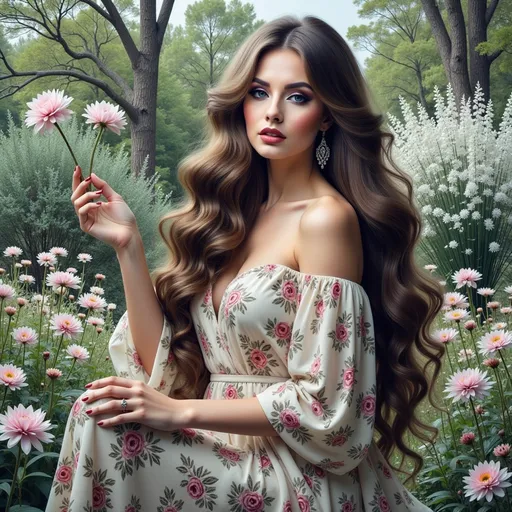 Prompt: a woman  with long thick hair in a floral dress is posing for a picture in the woods with trees and flowers on the background, Dave Melvin, photorealism, highly detailed digital painting, a photorealistic painting