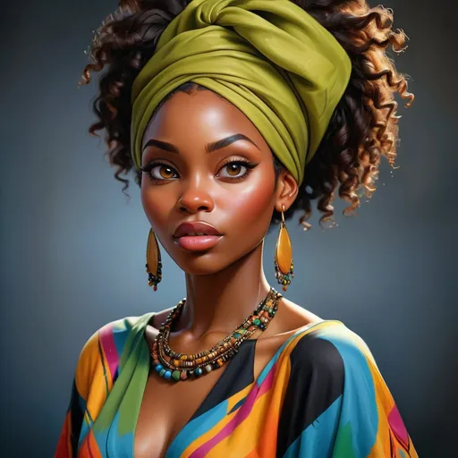 Prompt: Beautiful black woman portrait, realistic painting, detailed facial features, vibrant colors, professional, highres, realistic, detailed, portrait, stunning, realistic painting, detailed facial features, vibrant colors, professional, highres, realistic