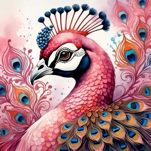 Prompt: <mymodel>Colourful watercolour painting of a dreamy pink peacock, vibrant swirls, high quality, watercolour, dreamy, vibrant, colourful, pink, peacock, swirls, animal art, detailed feathers, artistic, whimsical, dreamlike, professional