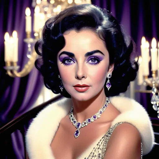 Prompt: Visualize a classic portrait of Elizabeth Taylor, capturing her timeless elegance and fierce spirit. She stands gracefully, her striking violet eyes piercing through the soft, diffused lighting, reminiscent of an old Hollywood glamour shoot. The background is a blurred opulent ballroom, with chandeliers sparkling above, casting warm glimmers of light that dance on her iconic dark hair, styled in luxurious waves from the 1960s. Her lips are painted in a deep, sultry red, while she wears a stunning, richly colored gown adorned with intricate beading that reflects hues of deep emerald and sapphire. A soft focus draws attention to her expression, which reveals a blend of strength and vulnerability, encapsulating her legendary charisma. The atmosphere is one of grandeur and nostalgia, evoking the essence of cinematic lighting in a photorealistic style.