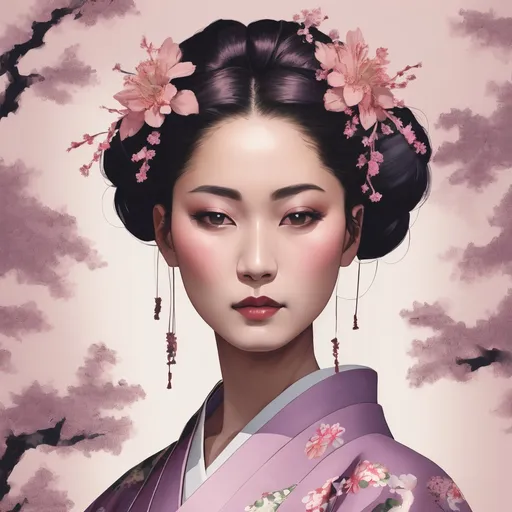 Prompt: A woman wearing a mauve kimono with flowers in her hair