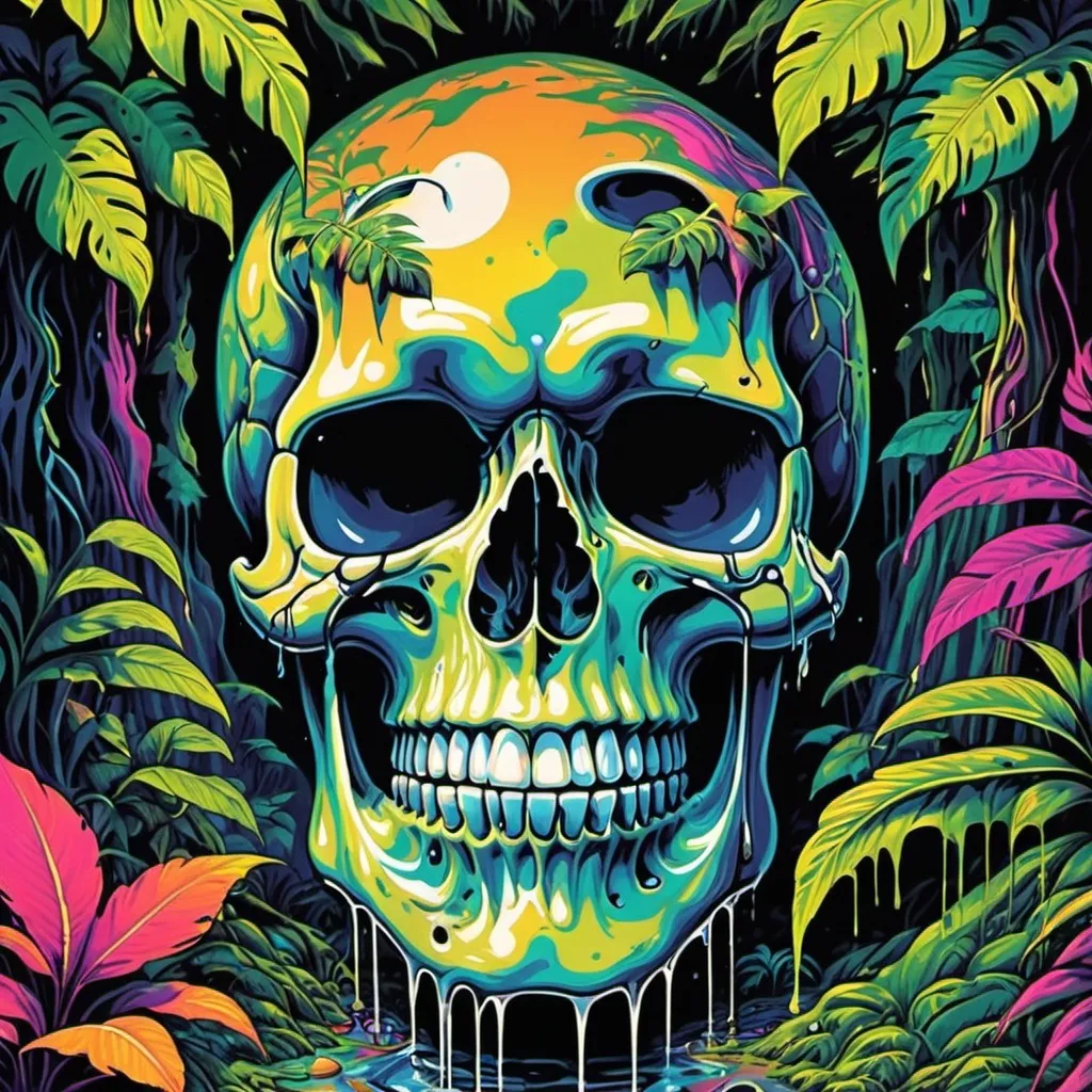 Prompt: psychedelic print skull, jungle, melting, concert poster, trick of the eye painting