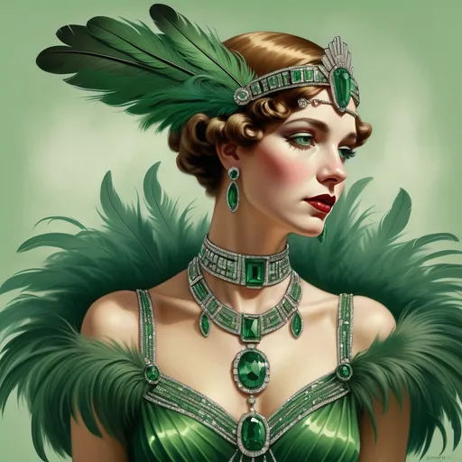 Prompt: a woman in a green dress with feathers on her head and a tiara on her head, with a feathery collar and a green jeweled necklace, Edwin Georgi, art deco, highly detailed digital painting, an art deco painting