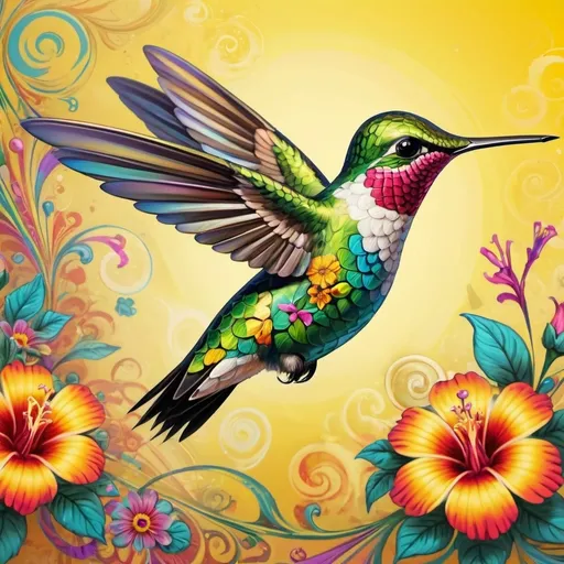 Prompt: a colorful  hummingbird with flowers and swirls on it's wings, flying through the air, with a yellow background, Annabel Kidston, psychedelic art, highly detailed digital art, an airbrush painting