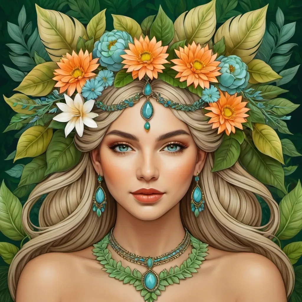 Prompt: a woman with flowers in her hair and a necklace on her head, surrounded by leaves and flowers, is shown in a digital painting style, Amanda Sage, fantasy art, highly detailed digital painting, a detailed painting