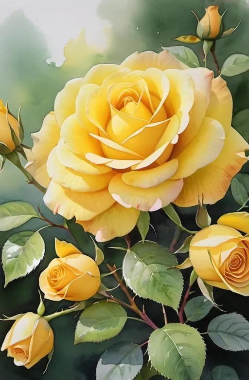 Prompt: <mymodel> watercolor, yellow rose bush